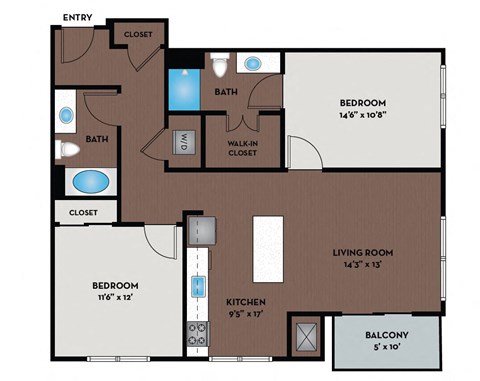 Floor plan for 2 beds, 2 baths, 1051 sqft